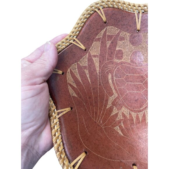 Jamaica Hand Made Etched Turtle Rattan Rim Terra Ceramic Bowl SKU 9598 - Picture 5 of 12